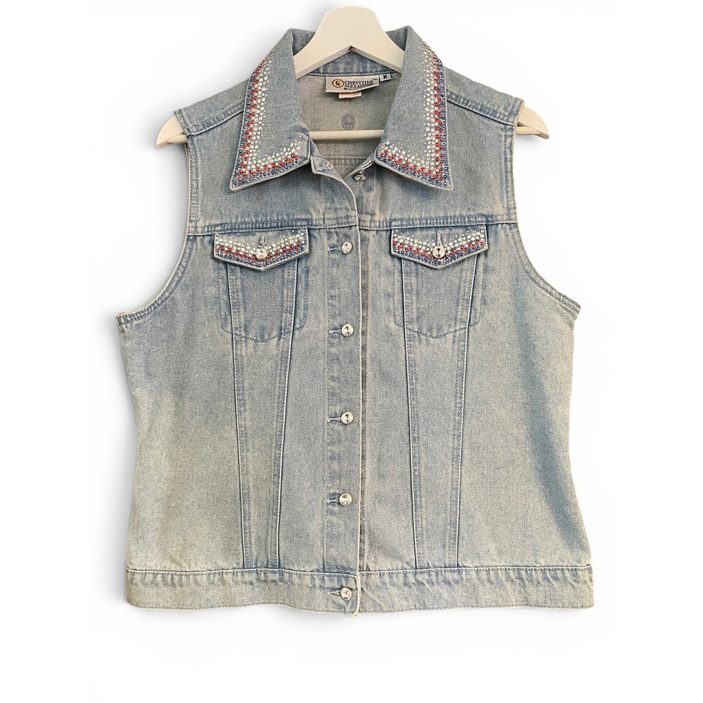 VTG Christine Alexander Denim Vest Womens M‎ Light Wash Western Rhinestone Y2K